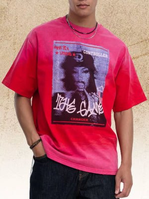 Red tie-dye graphic tee with short sleeves and a crew neck.
