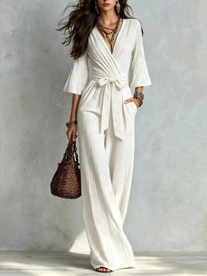 Sky Blue wide-leg jumpsuit with deep v-neck