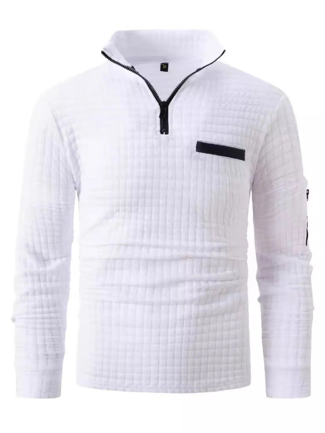 White textured zip-neck polo shirt with contrast black pocket and black zipper detail.