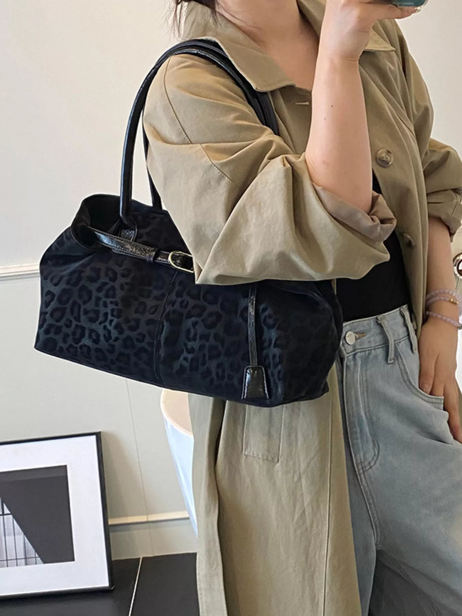Black leopard print PU leather shoulder bag with buckle detail