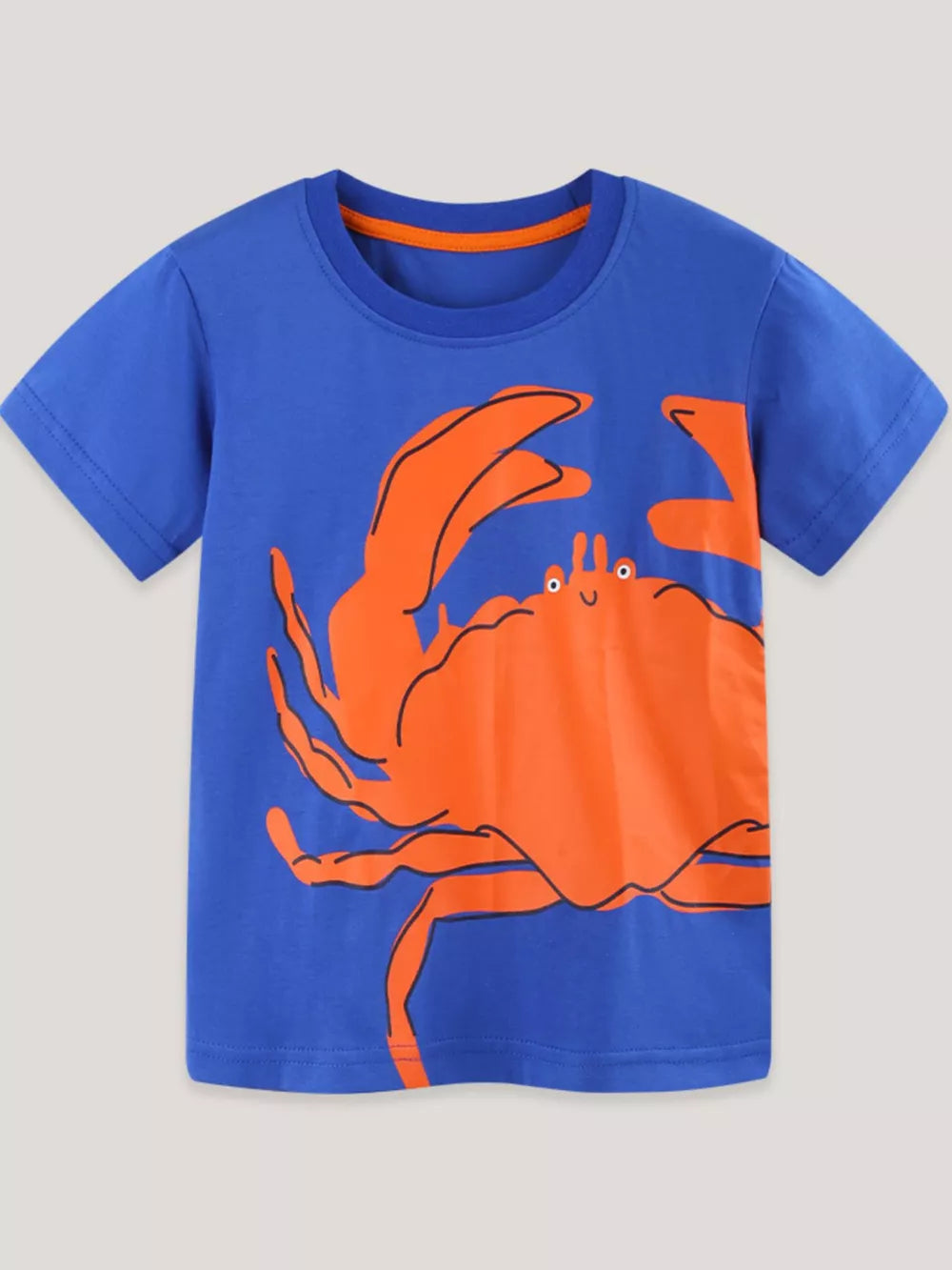 Blue cotton toddler t-shirt with orange crab graphic and orange trim