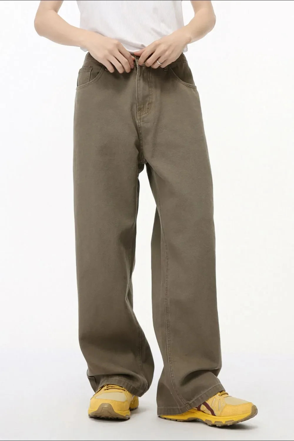 Taupe elastic waist straight-leg denim jeans with a casual, basic style.