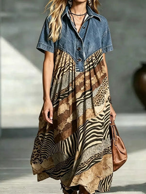 denim blue shirt dress with patchwork and collared
