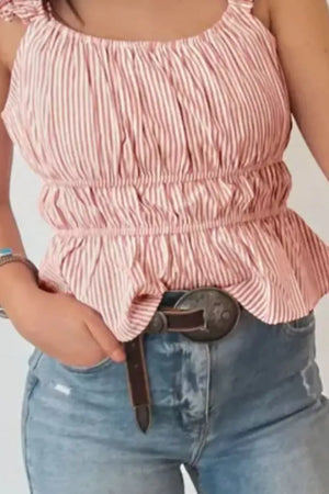Dusty pink striped peplum blouse with smocked waist and ruffle sleeves