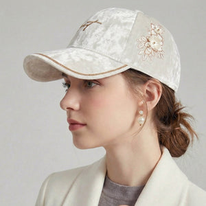 Ivory velvet baseball cap with floral embroidery and braided trim