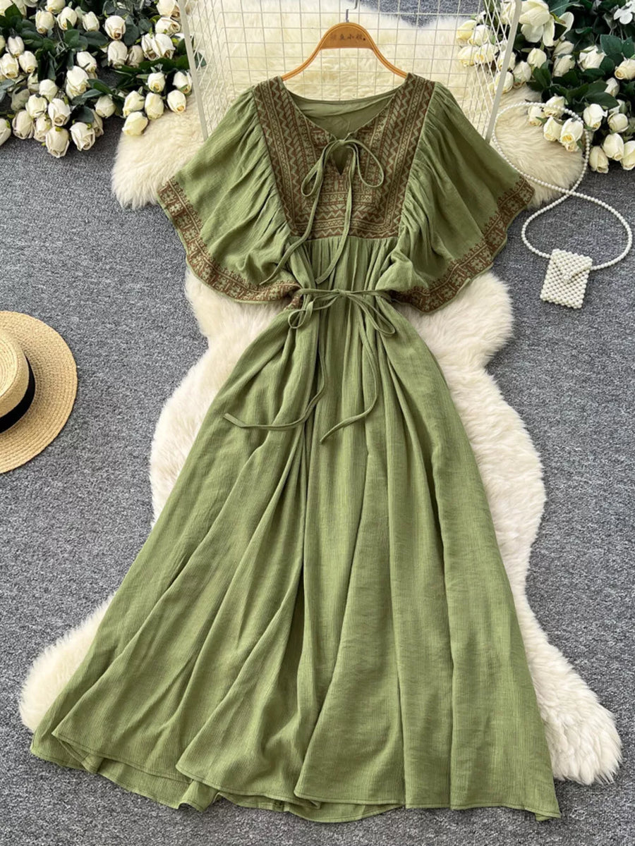 Mint green V-neck maxi dress with embroidered yoke and flutter sleeves