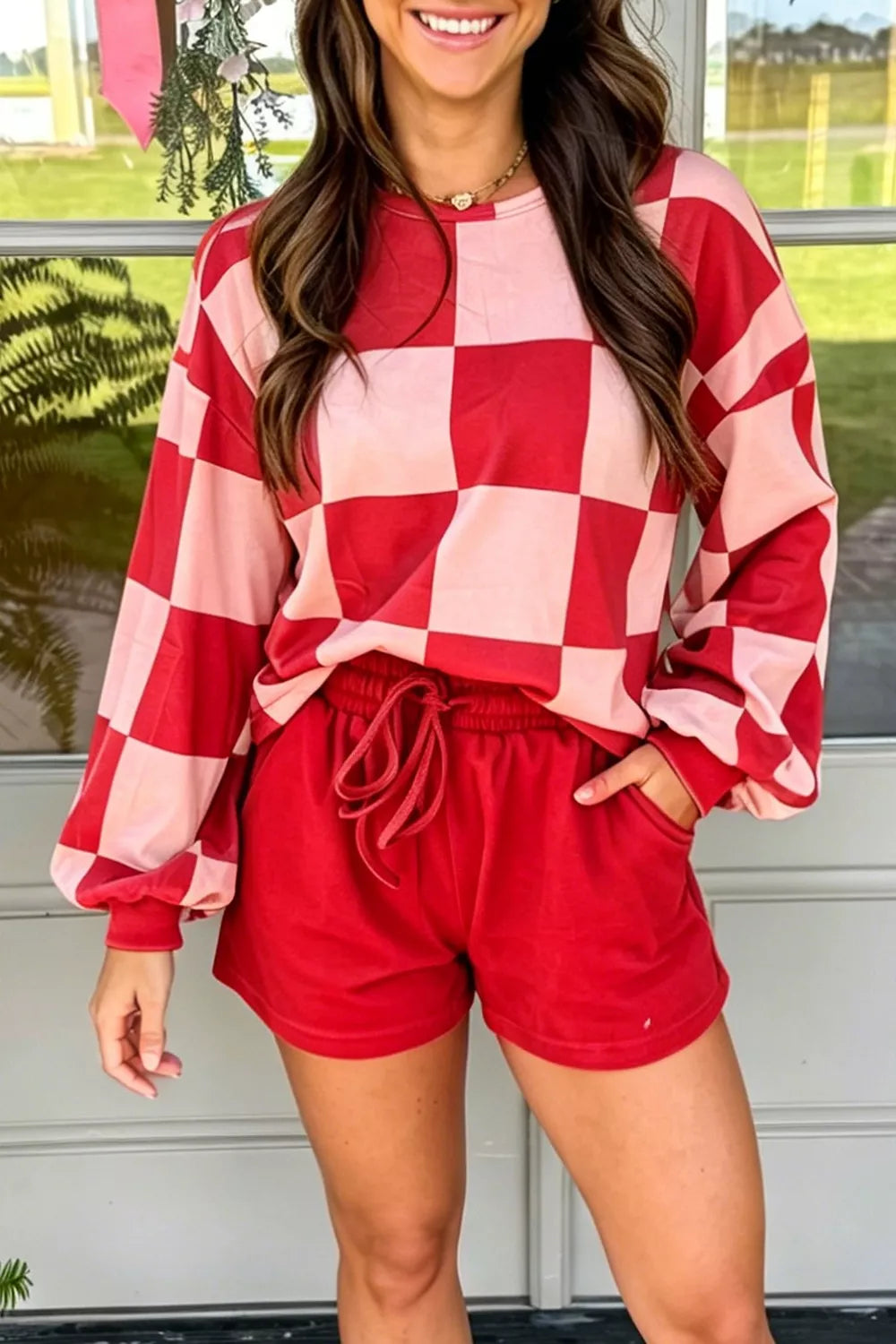 red pajama set with checked and crew neck