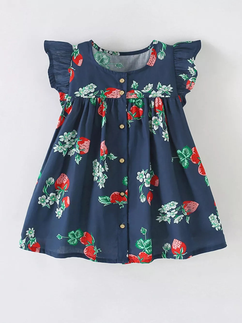 Navy cotton dress with strawberry print, ruffle sleeves, and button front.