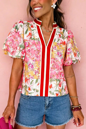 Floral with Contrast Collared V Neck Short Sleeve Floral Blouse in Floral
