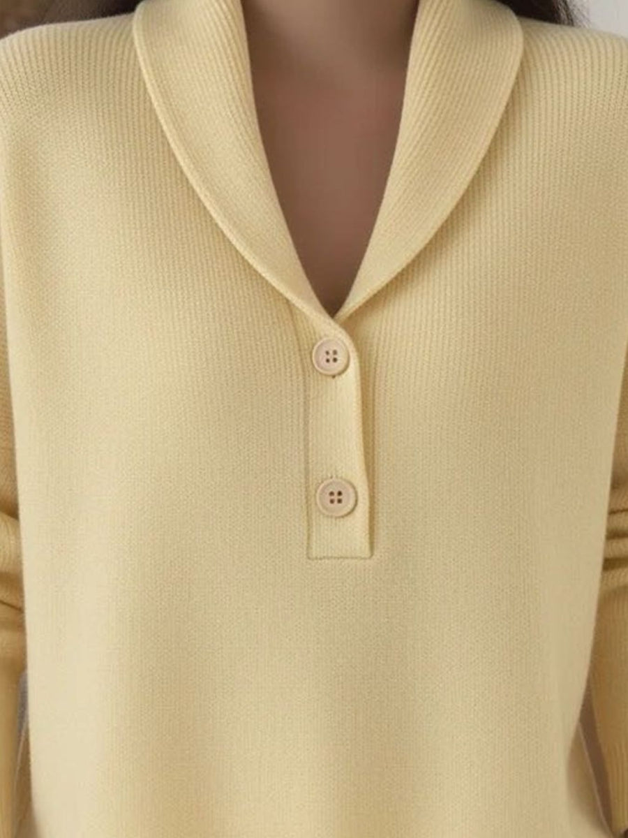 Yellow pullover sweater with hip-length and half-button