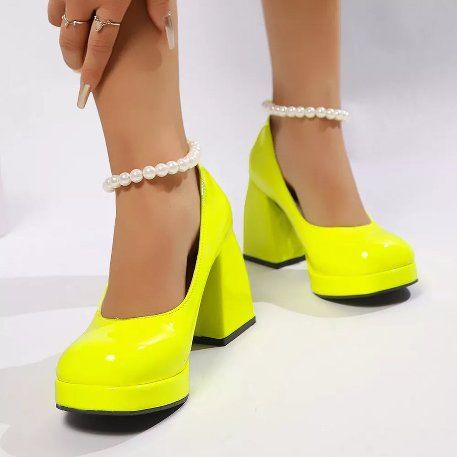 Round Toe Block Heel Pumps in Pink, view 13