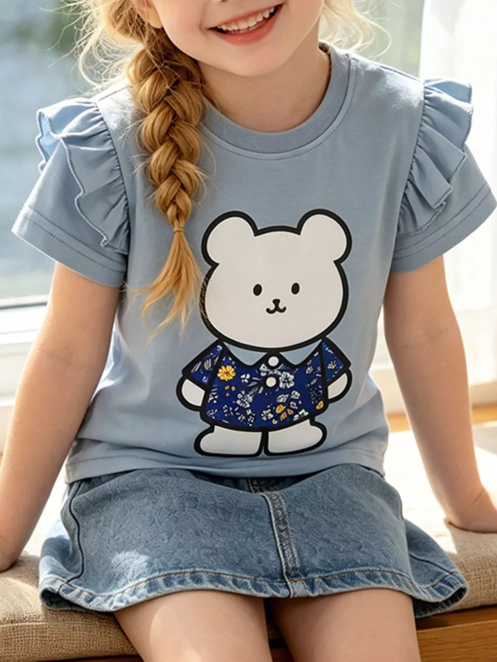 Baby blue cotton t-shirt with ruffled sleeves and a playful bear graphic.