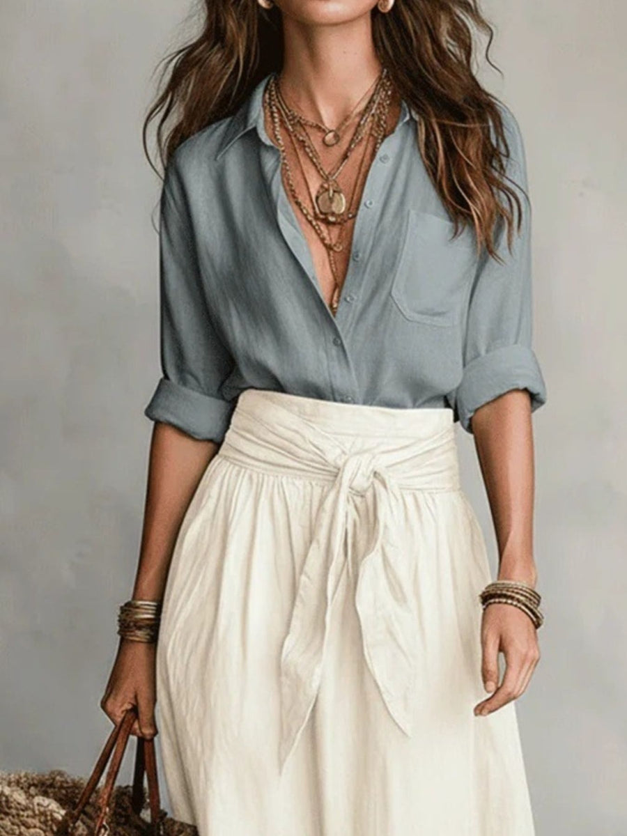 white relaxed shirt and skirt set with collared