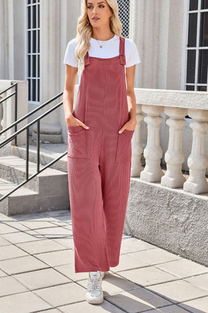 Striped denim overalls in Strawberry with patch pockets and wide legs.