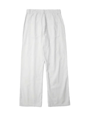 Men's white relaxed fit cotton chino pants with back pockets.