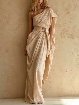 maxi dress in cream featuring one-shoulder and loose fit