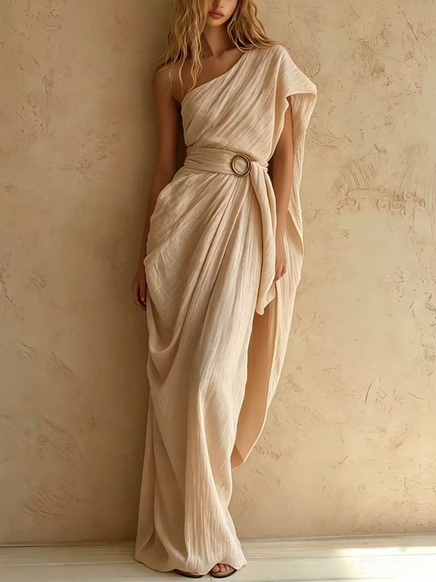 maxi dress in cream featuring one-shoulder and loose fit