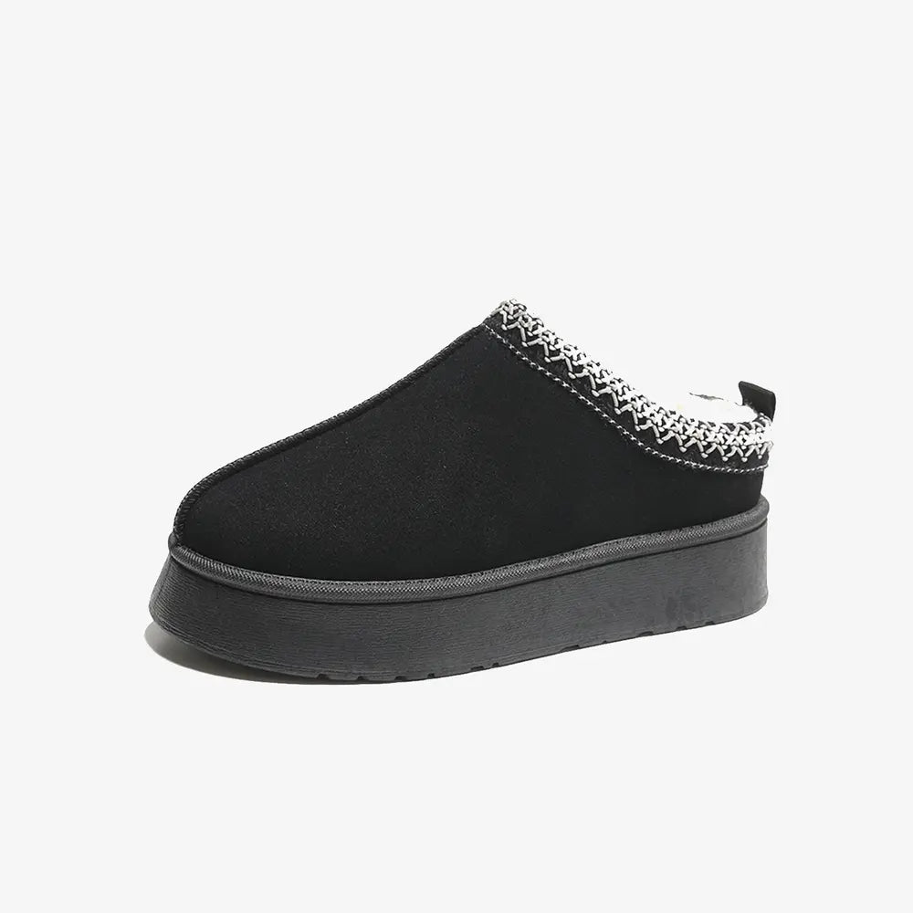Black shearling trim platform mules with decorative stitching detail