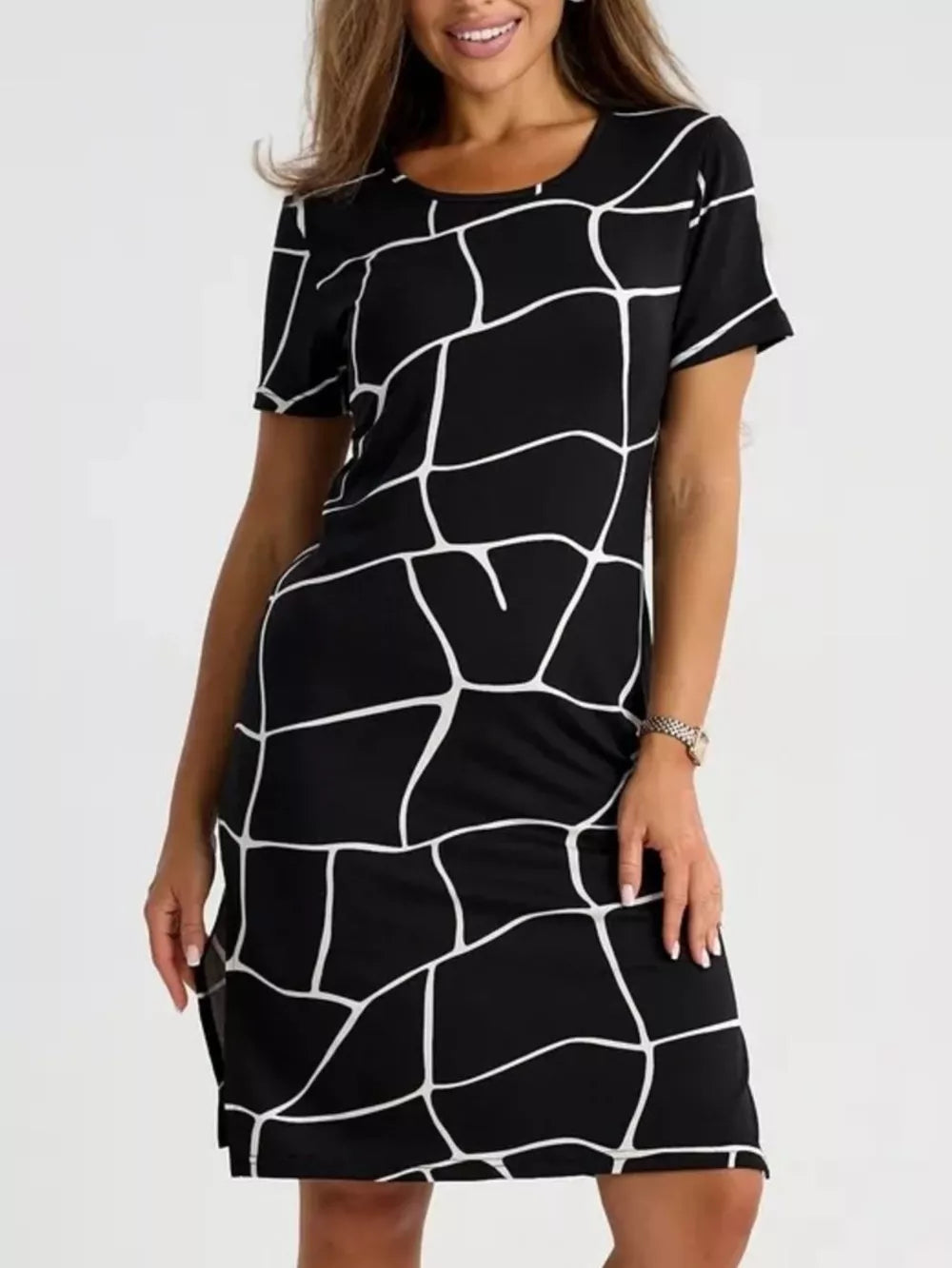 Black Full Size Geometric Print Midi Dress With Side Slit