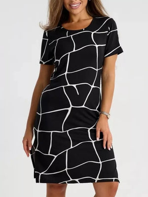 Black Full Size Geometric Print Midi Dress With Side Slit