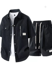 Coffee Brown Men's Plus Size Lightweight Textured Shirt And Shorts Set