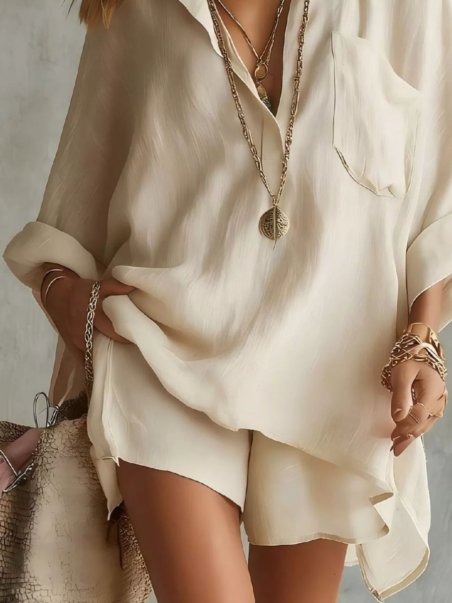 Oversized Long Sleeve Shirt And Shorts Set in Pastel Yellow with pocketed