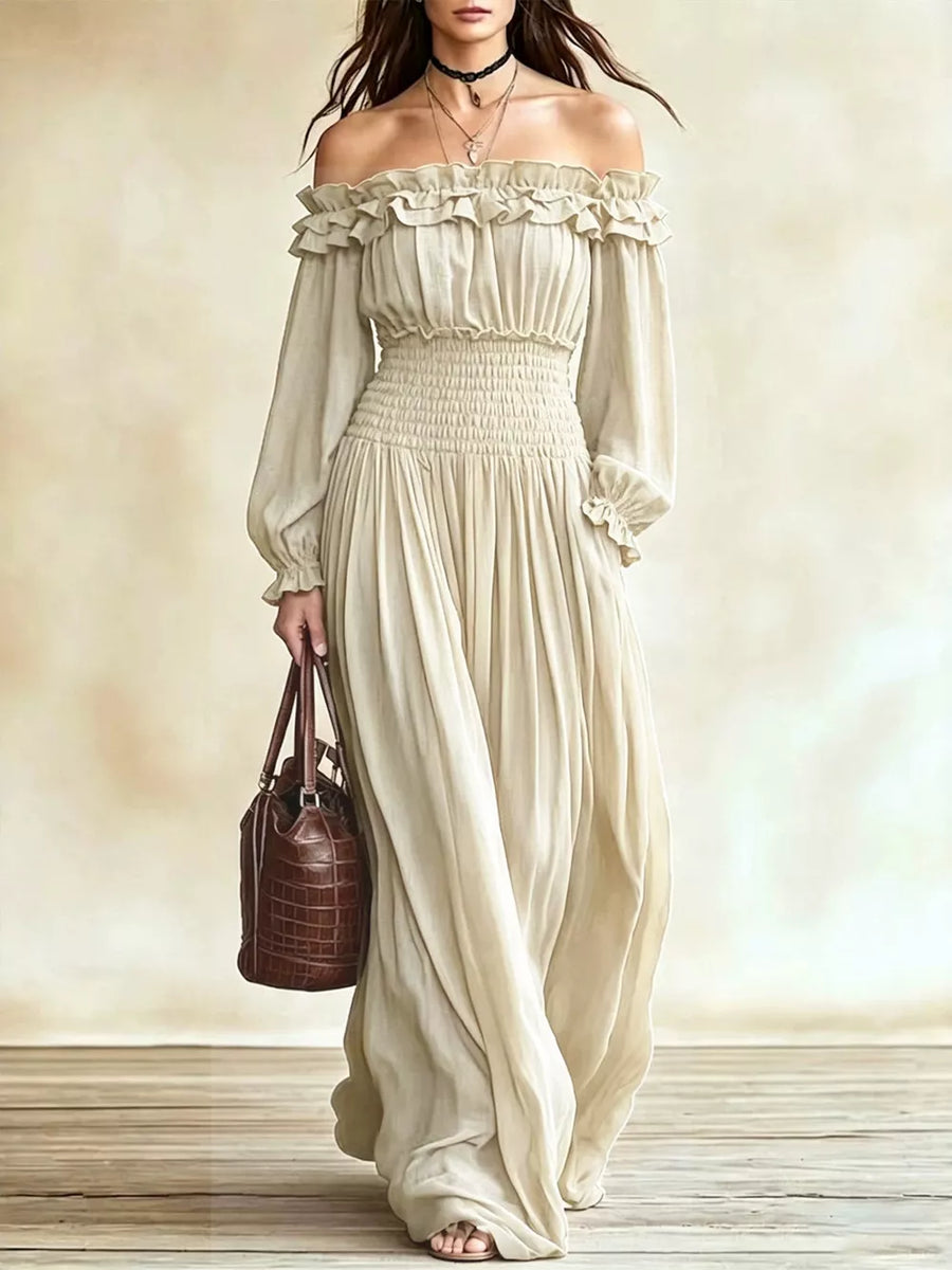 maxi dress in light beige featuring ruffled and A-line fit