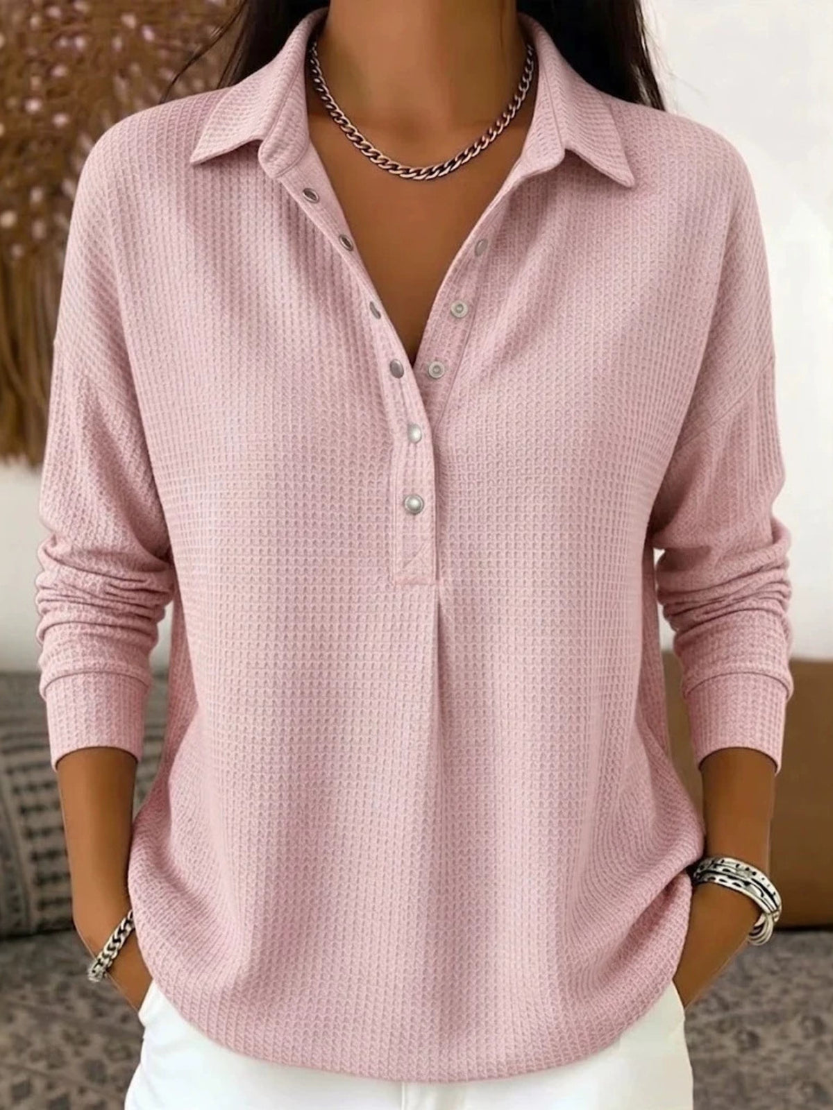 blush pink blouse with waffle knit and collared