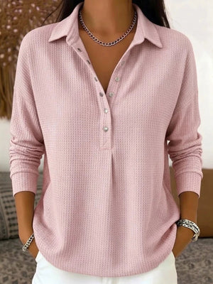 blush pink blouse with waffle knit and collared