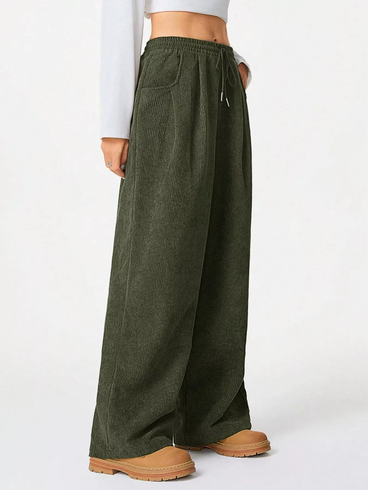 Relaxed fit army green corduroy drawstring pants with pockets