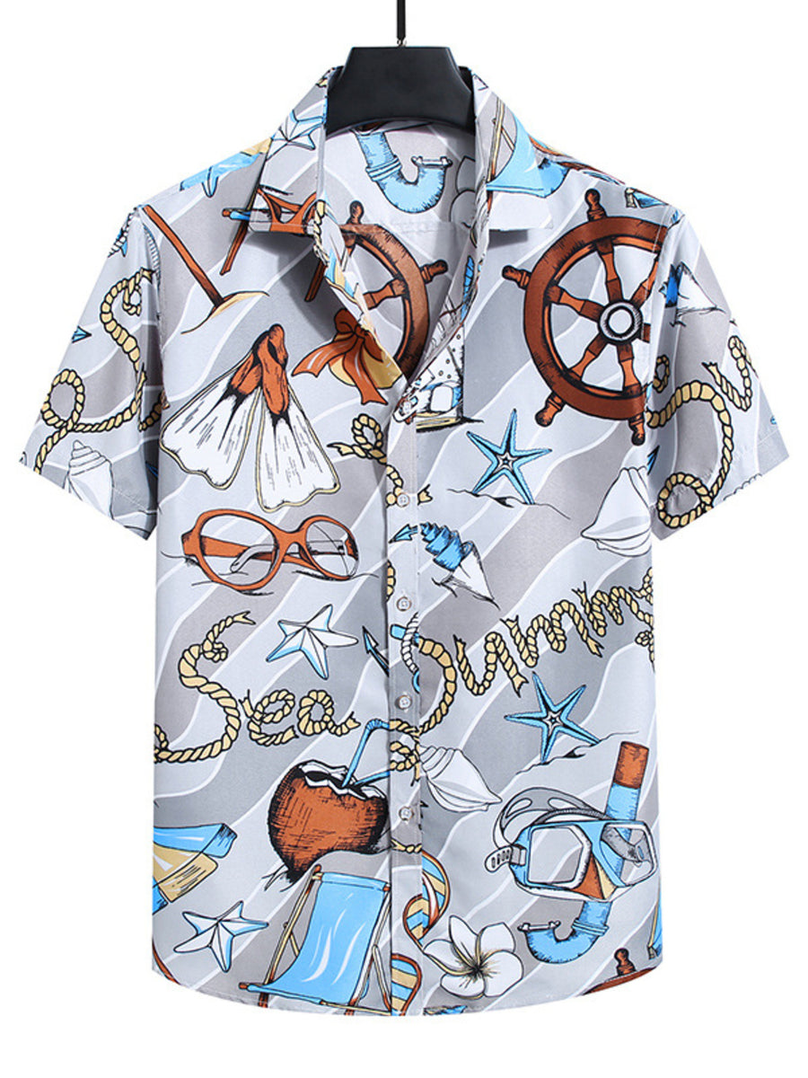 Men's gray cotton short sleeve buttoned shirt with nautical print