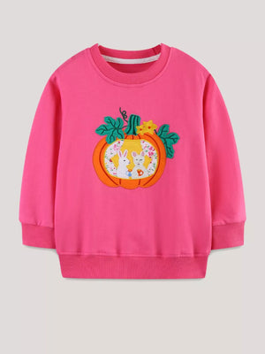 Pink cotton crew neck sweatshirt with pumpkin applique featuring two bunnies.