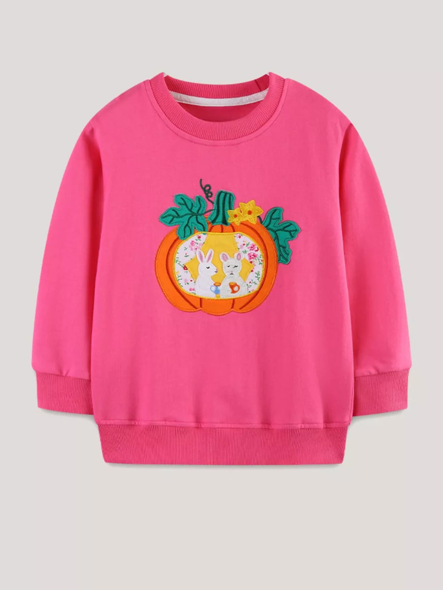 Pink cotton crew neck sweatshirt with pumpkin applique featuring two bunnies.
