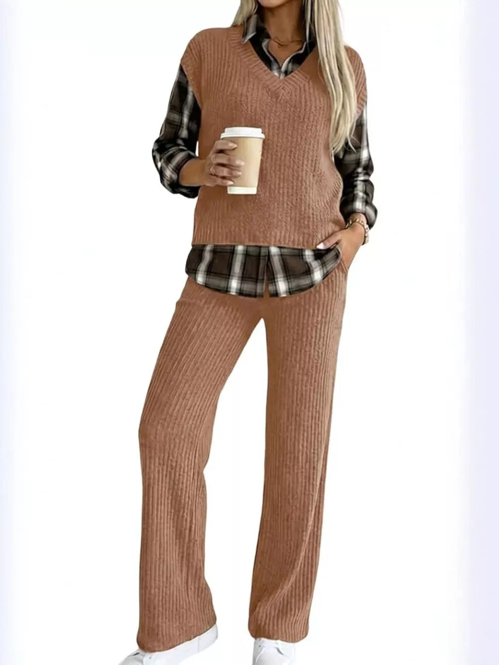athleisure lounge set in light gray with v-neck