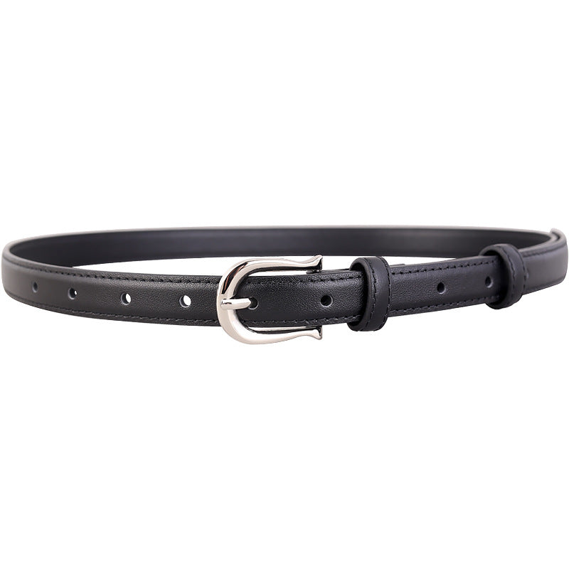 Black leather skinny belt with silver buckle and adjustable holes