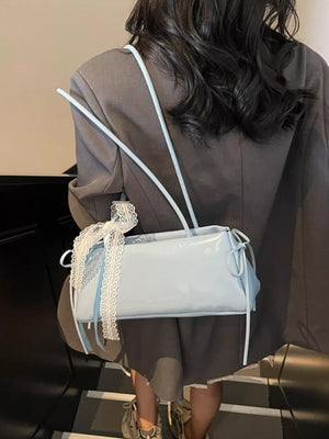 PU Leather Imported Size &amp shoulder bag in Blue with boxy silhouette