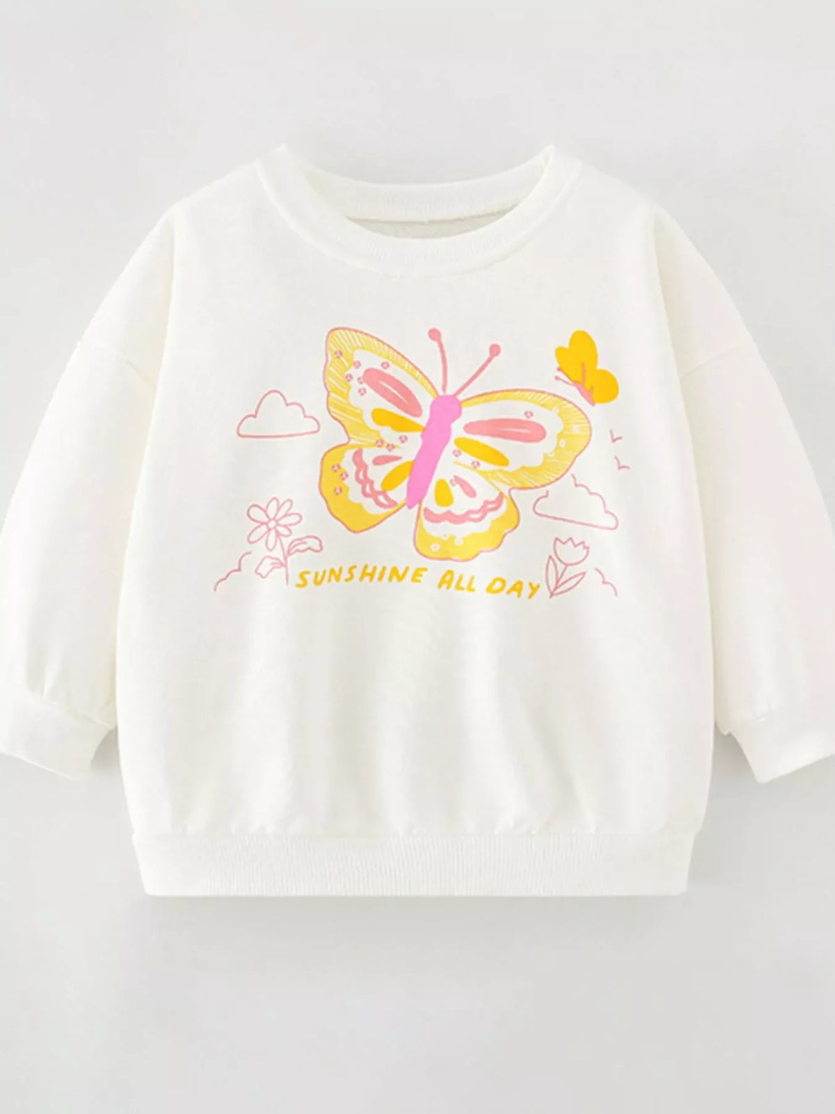 Kids' white butterfly print sweatshirt with "Sunshine All Day" text.