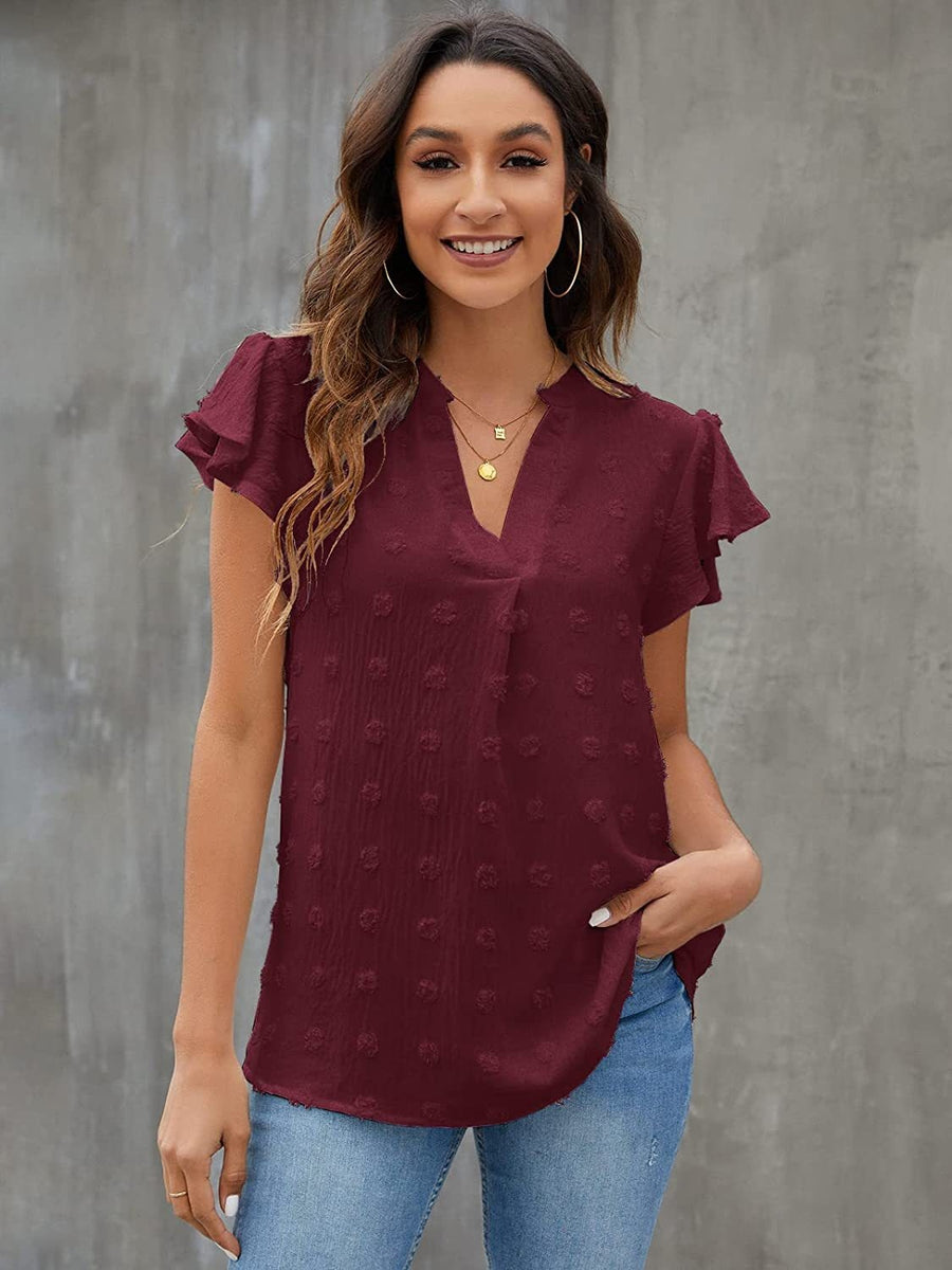 Burgundy textured voile blouse with flutter sleeves and v-neck
