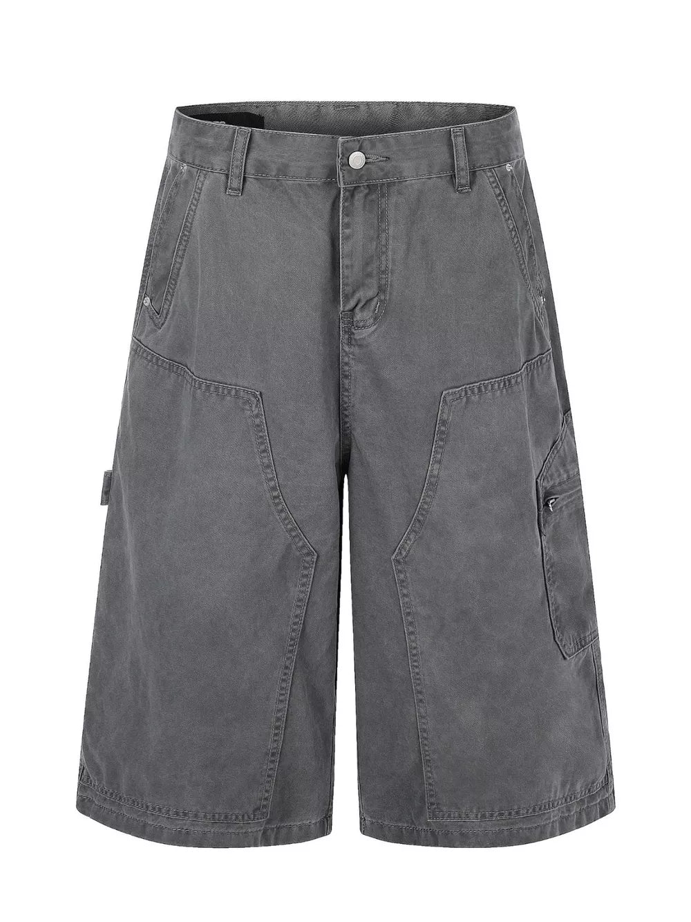 Men's relaxed fit grey cotton cargo capris with button closure and multiple pockets.