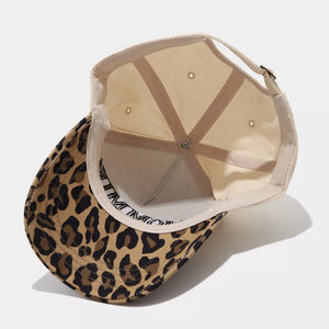 cap in tan with leopard-print and embroidered slogan