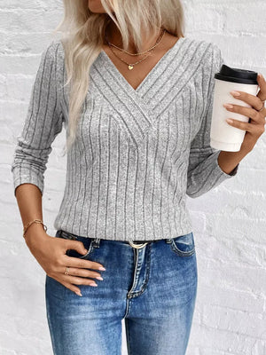 Peacock Blue Ribbed V-neck Long Sleeve T-shirt