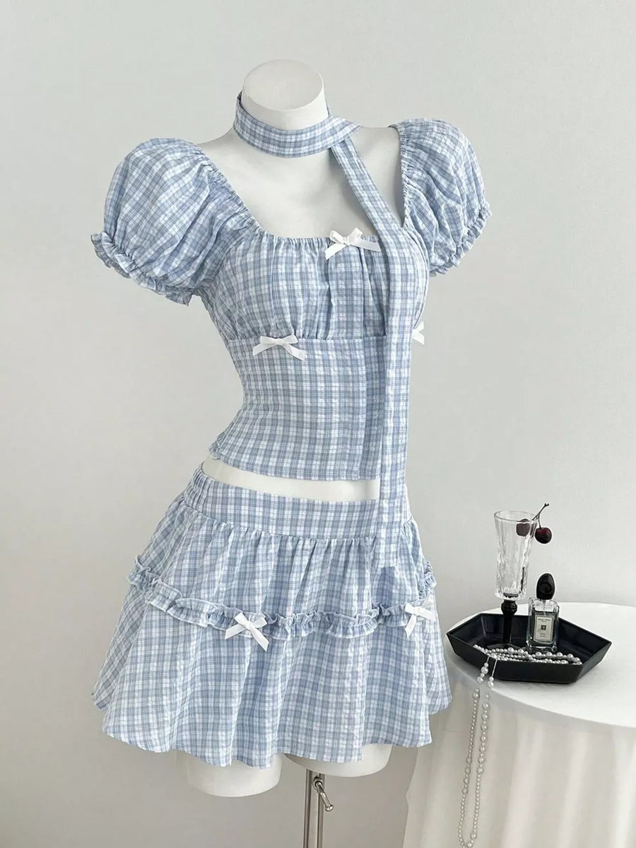 Plaid Puff Sleeve Blouse And Skirt Set option 3