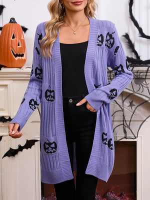 Halloween Pumpkin Open Front Knit Cardigan in orange with ribbed