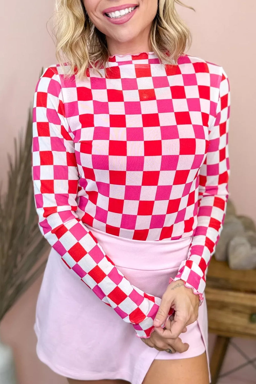 Black Plaid Heart Mesh Sheer Long Sleeve Top