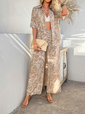 Women's beige abstract print resort co-ord set with wide-leg pants and button-up shirt.
