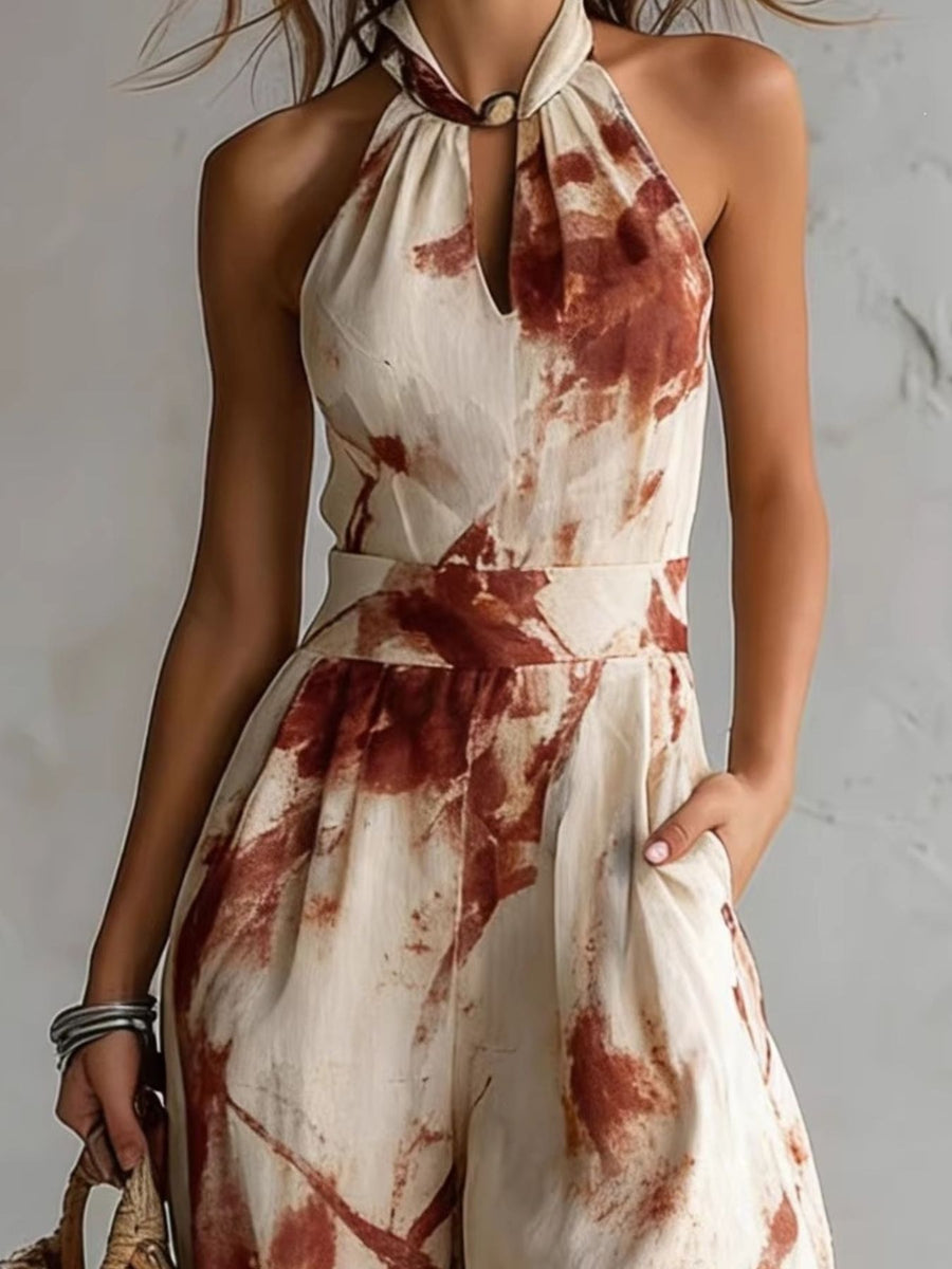 jumpsuit in ivory with abstract and pocketed