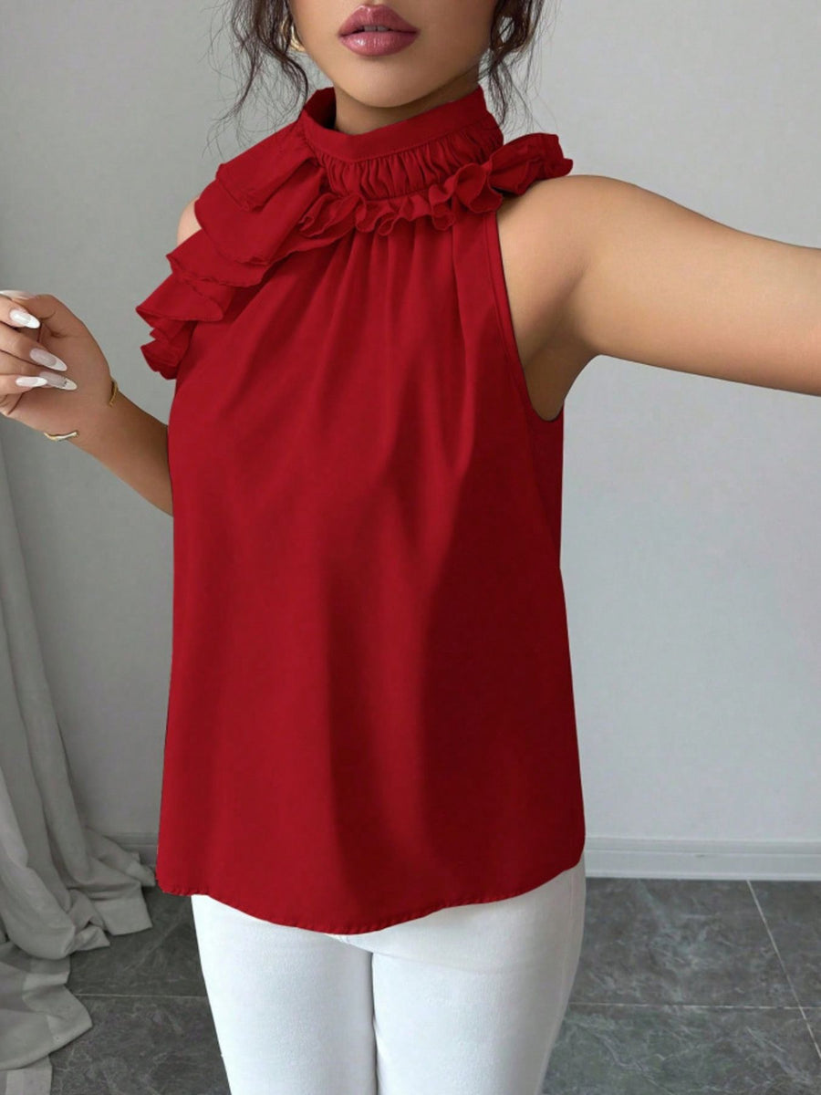 Ruffled high neck sleeveless top in Red