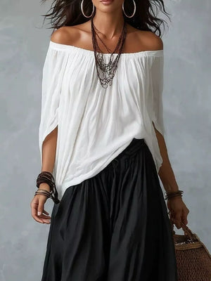 Dark Blue off-shoulder top with hip-length and pullover