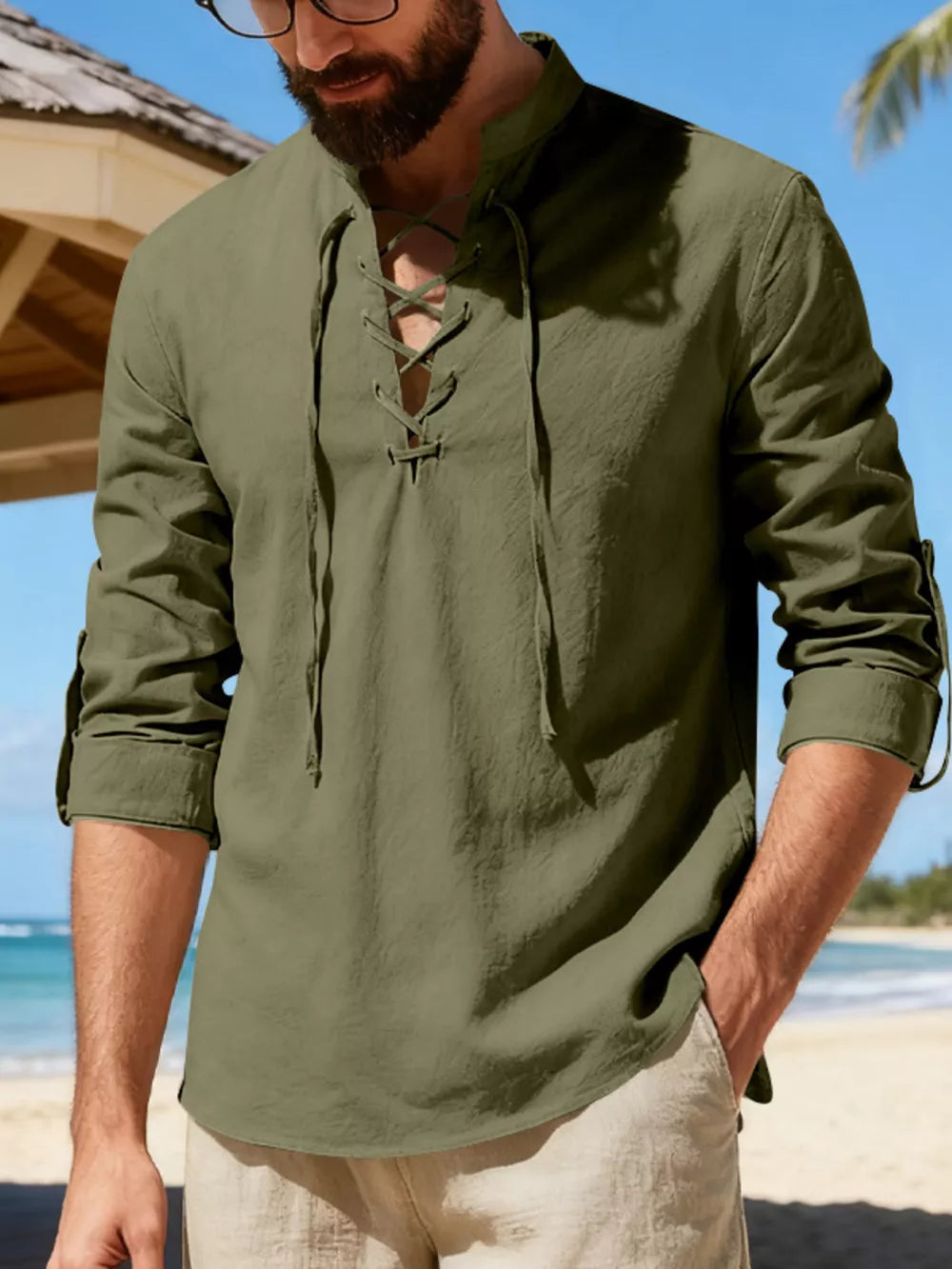 Men's army green lace-up linen shirt with rolled sleeves