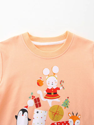 Children's crewneck sweatshirt in peach with festive Christmas cat, penguin, deer, and gift print.